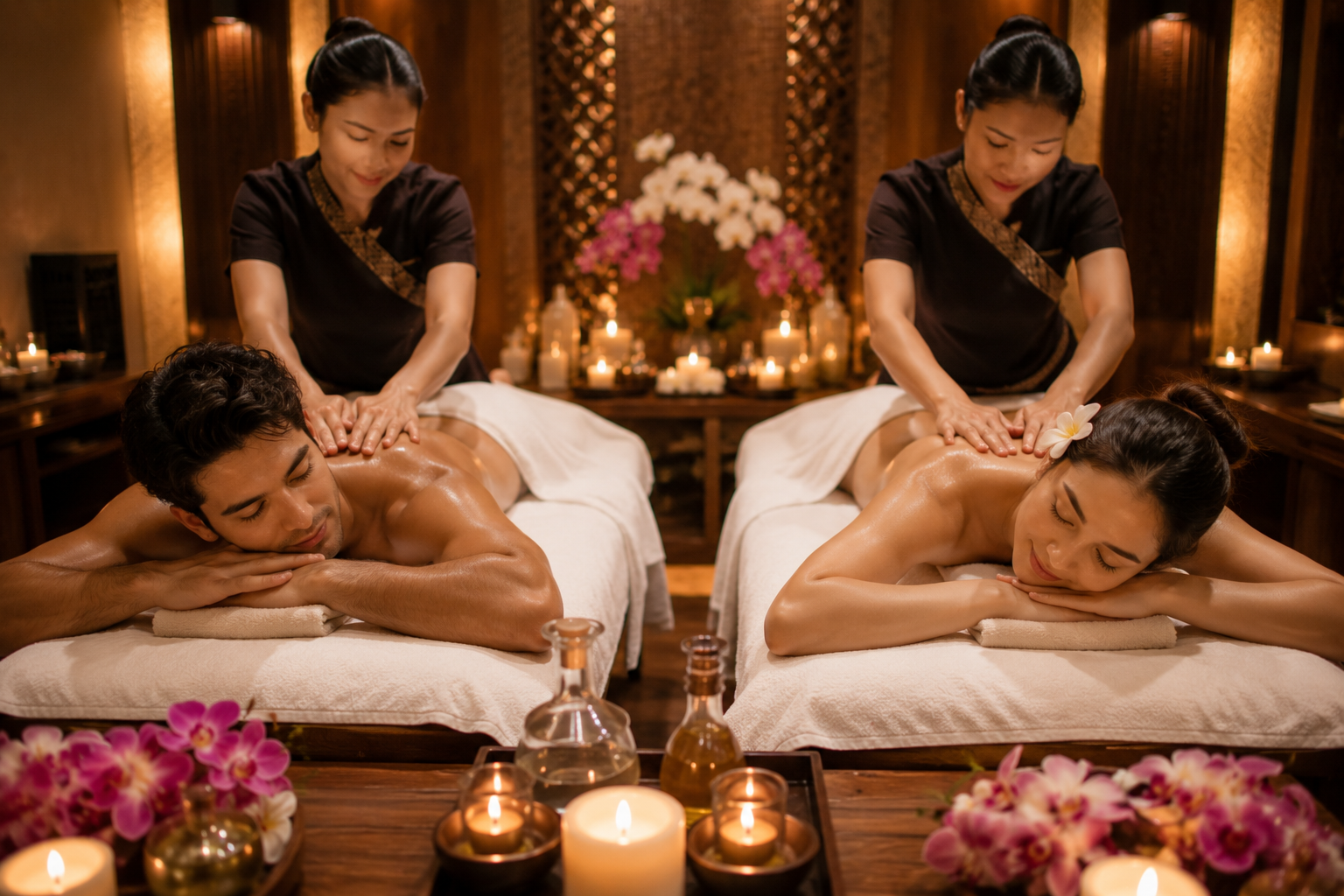 Double bed couples spa setup with warm lighting and rose petals