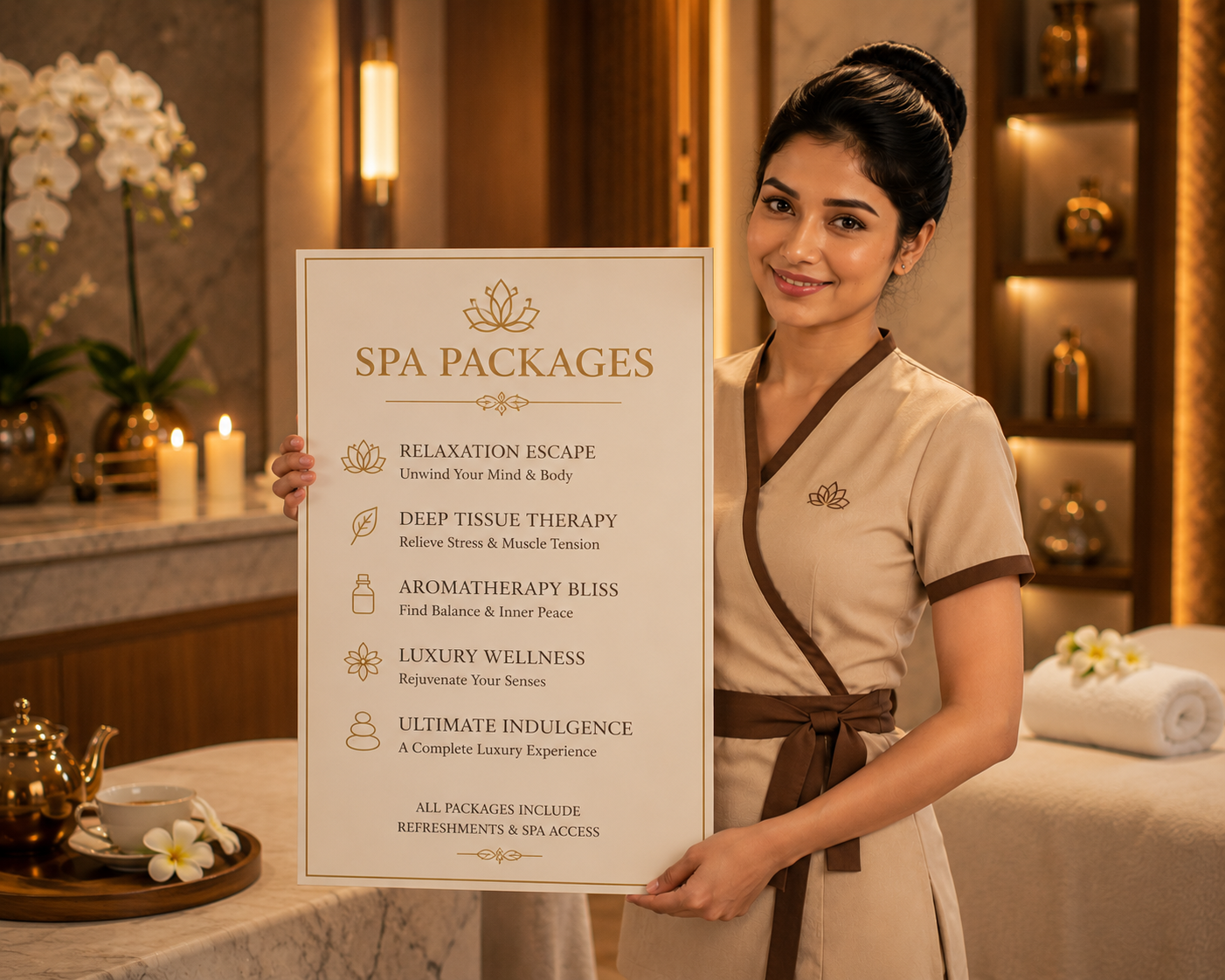 Beautiful female model relaxing in a luxury resort spa setting