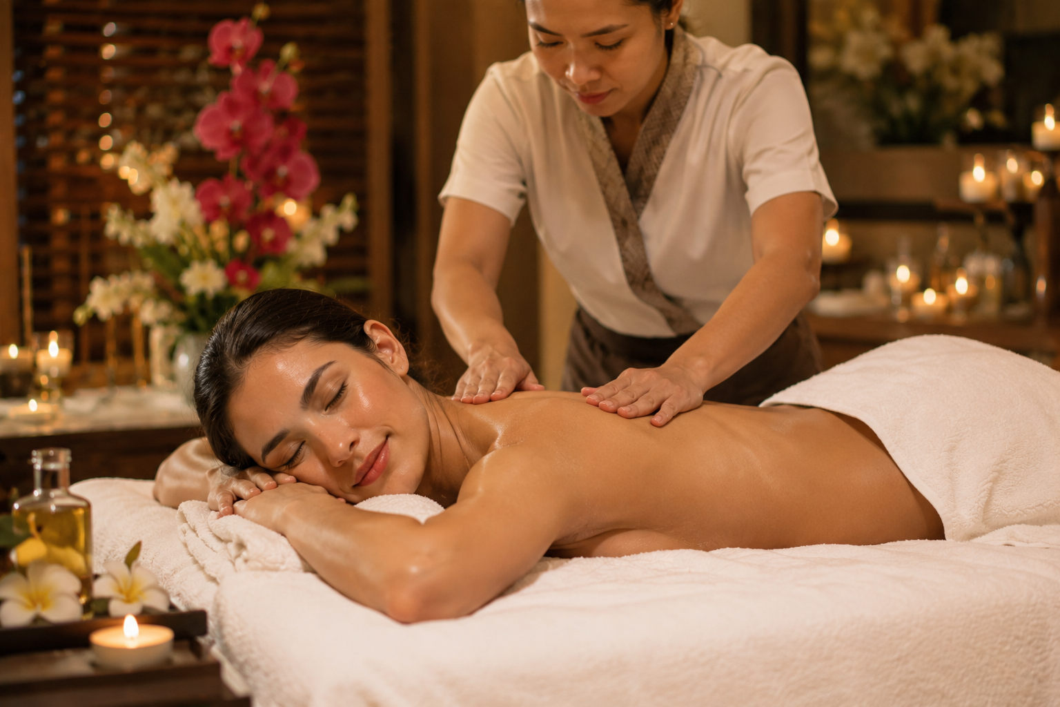Authentic Traditional Thai Massage therapist stretching client in spa